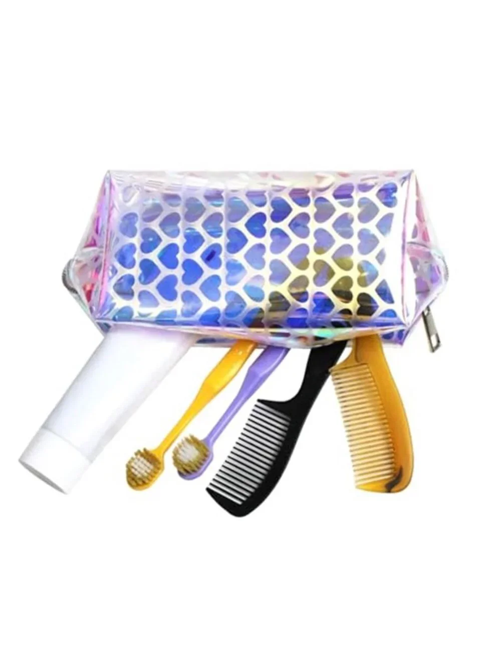 Rainbow Holographic Heart Pattern Makeup Bag TPU Clear Cosmetic Pouch